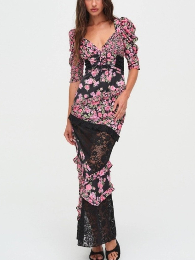 For Love & Lemons "Emalyn" Pink Floral Lace Maxi Dress